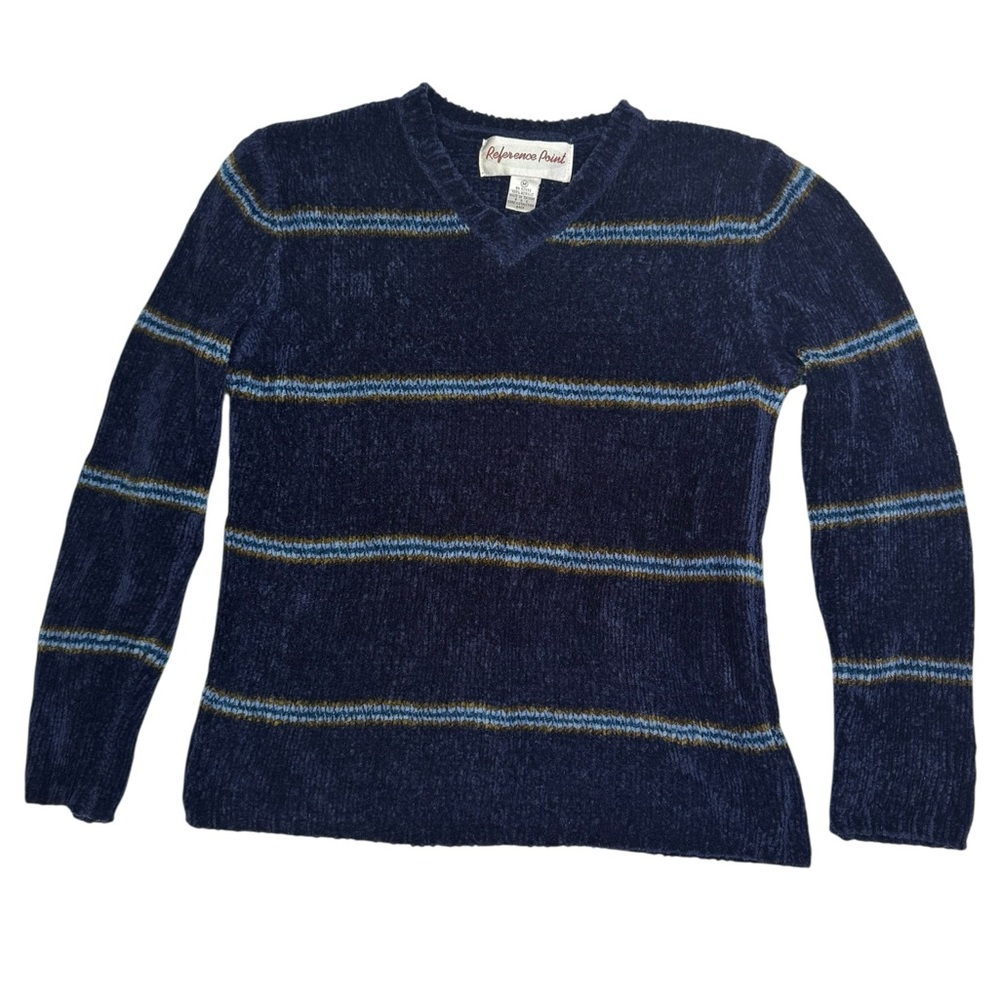 Vintage Reference Point Chenille Striped Sweater Navy Blue Size Medium‎